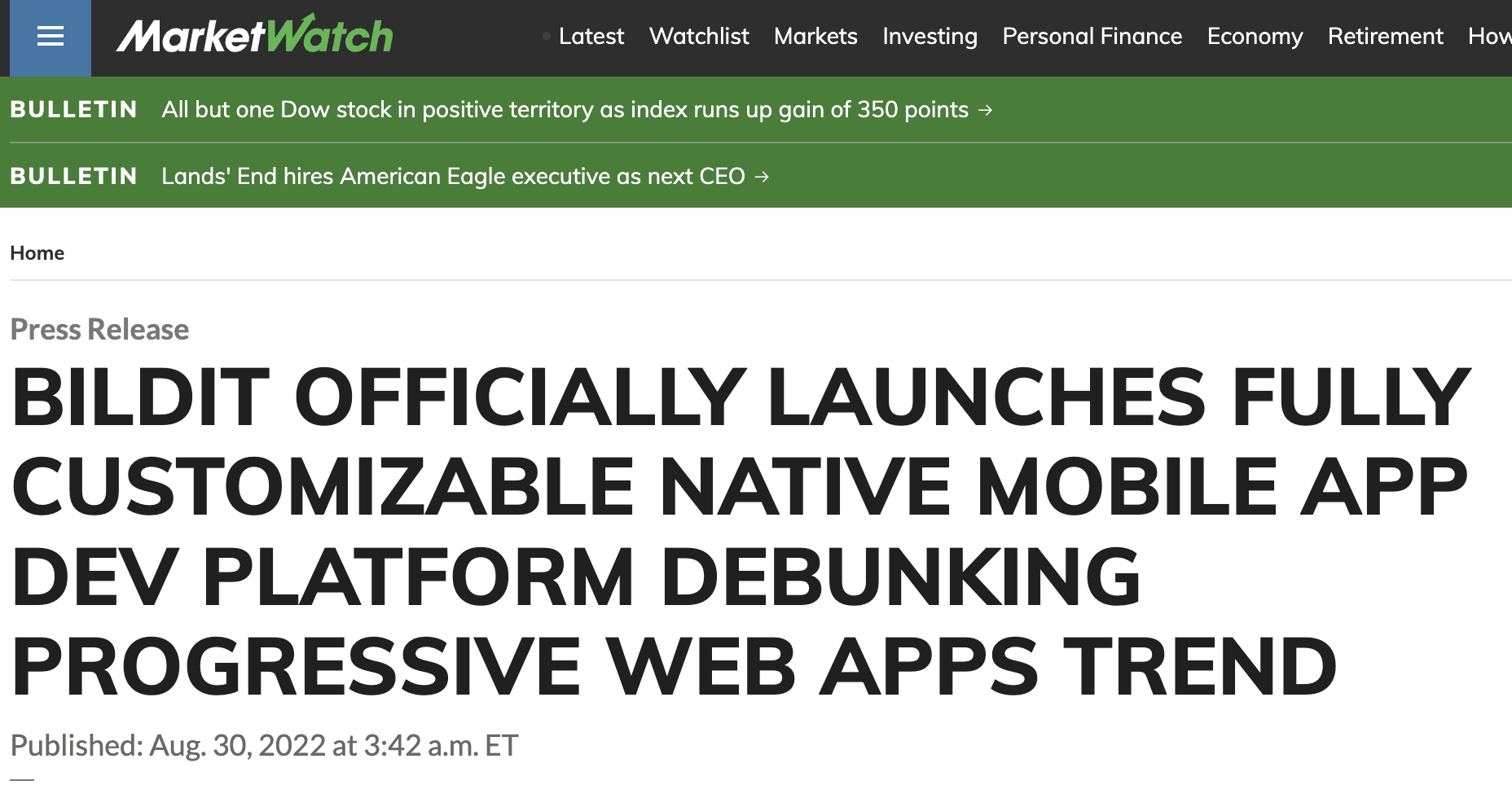 MarketWatch: BILDIT OFFICIALLY LAUNCHES FULLY CUSTOMIZABLE NATIVE MOBILE APP DEV PLATFORM DEBUNKING PROGRESSIVE WEB APPS TREN